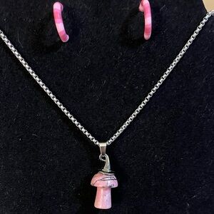 Pink mushroom with witch hat on top with hoop earrings to match 24”